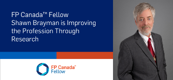 FP Canada Fellow Shawn Brayman is improving the profession through research. FP Canada Fellow logo, Shawn Brayman photo  he is wearing a dark grey suit and red tie