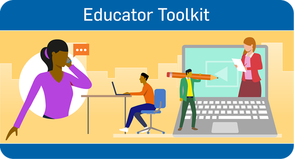 FP Canada Educator Toolkit showing people learning with a computer and talking on phone