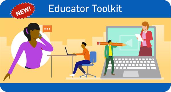 New! FP Canada Educator Toolkit showing people learning with a computer and talking on phone