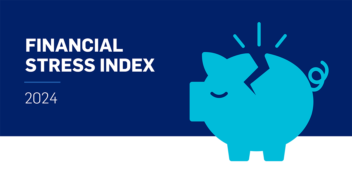 2024 FSI Landing Page Banner featuring a broken blue piggy bank and the text Financial Stress Index 2024