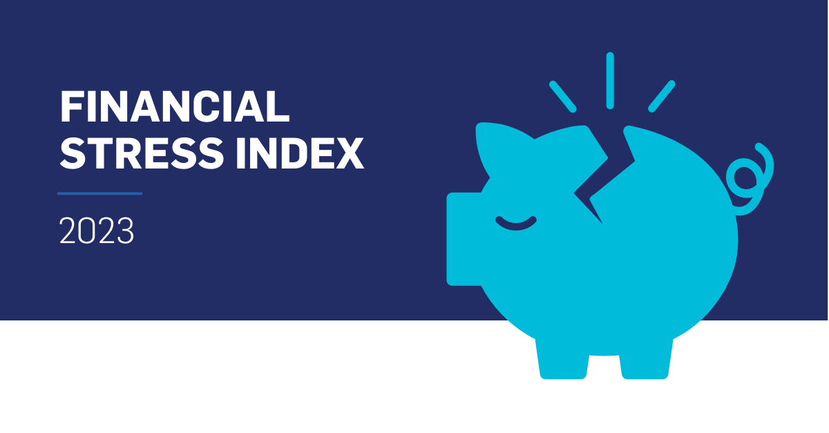 2023 FSI Landing Page Banner featuring a broken blue piggy bank and the text Financial Stress Index 2023